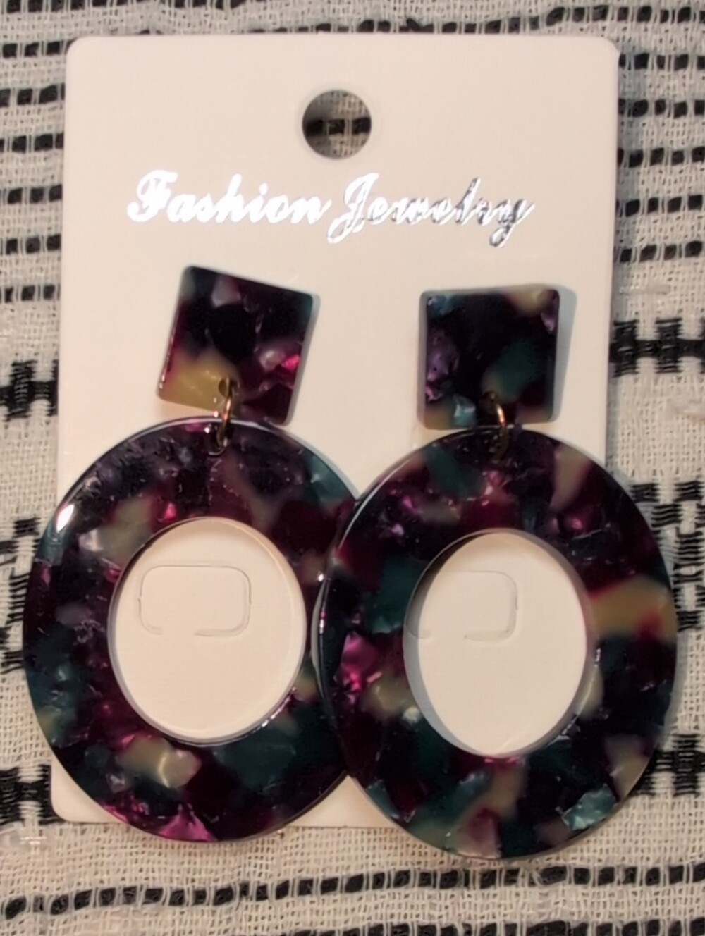 Fashion Jewelry Purple Teal Tortoiseshell Hoop Drop Earrings